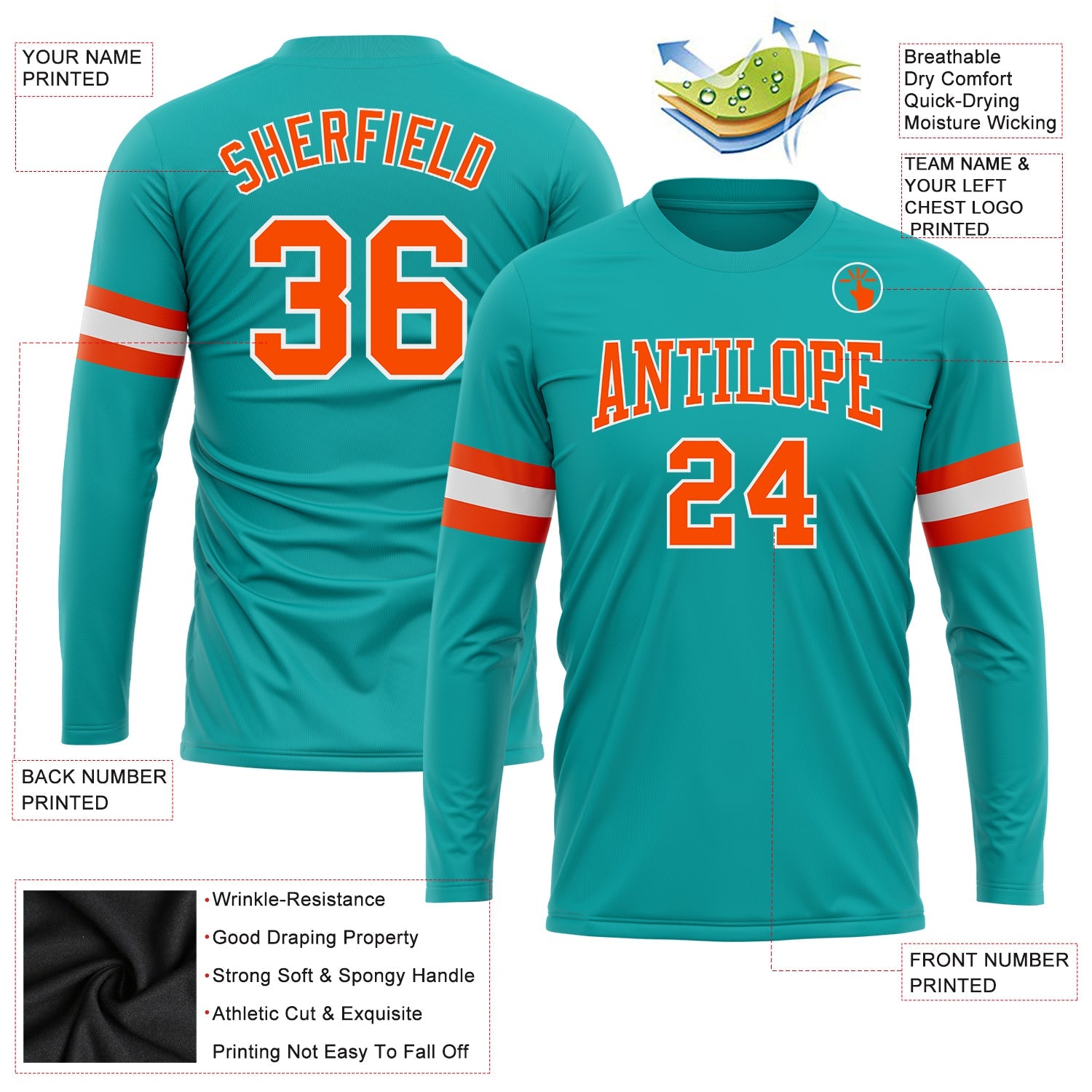 Custom Aqua Orange-White Long Sleeve Performance T-Shirt view 3