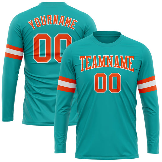 Custom Aqua Orange-White Long Sleeve Performance T-Shirt - Main View