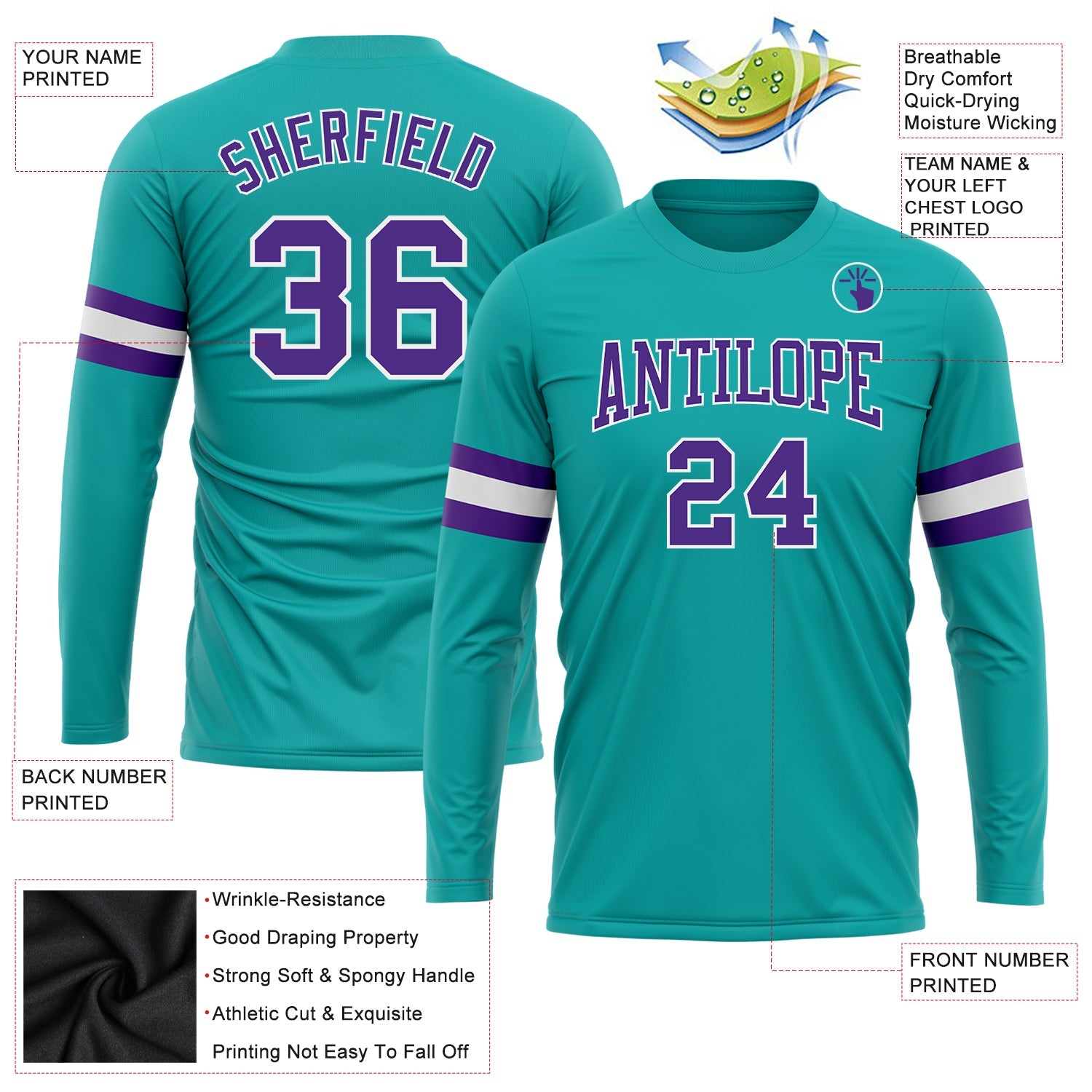 Custom Aqua Purple-White Long Sleeve Performance T-Shirt view 3