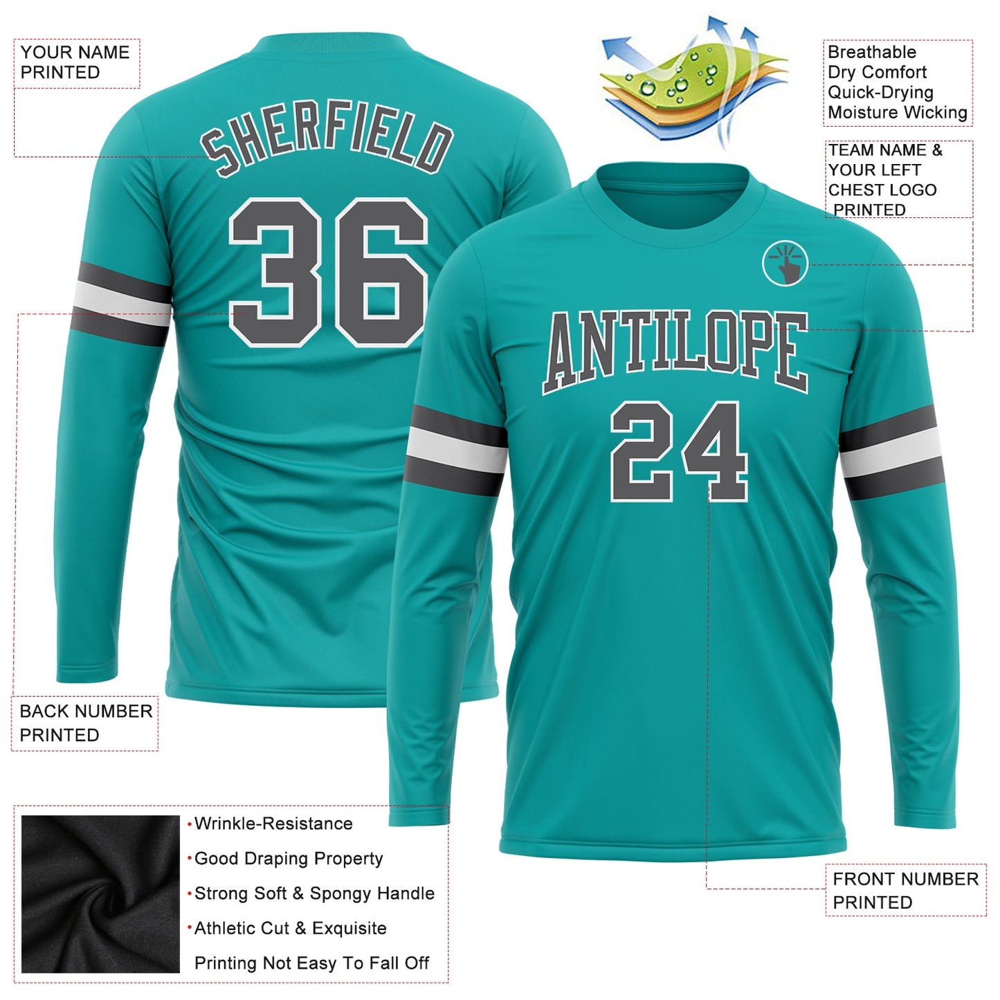 Custom Aqua Steel Gray-White Long Sleeve Performance T-Shirt view 3