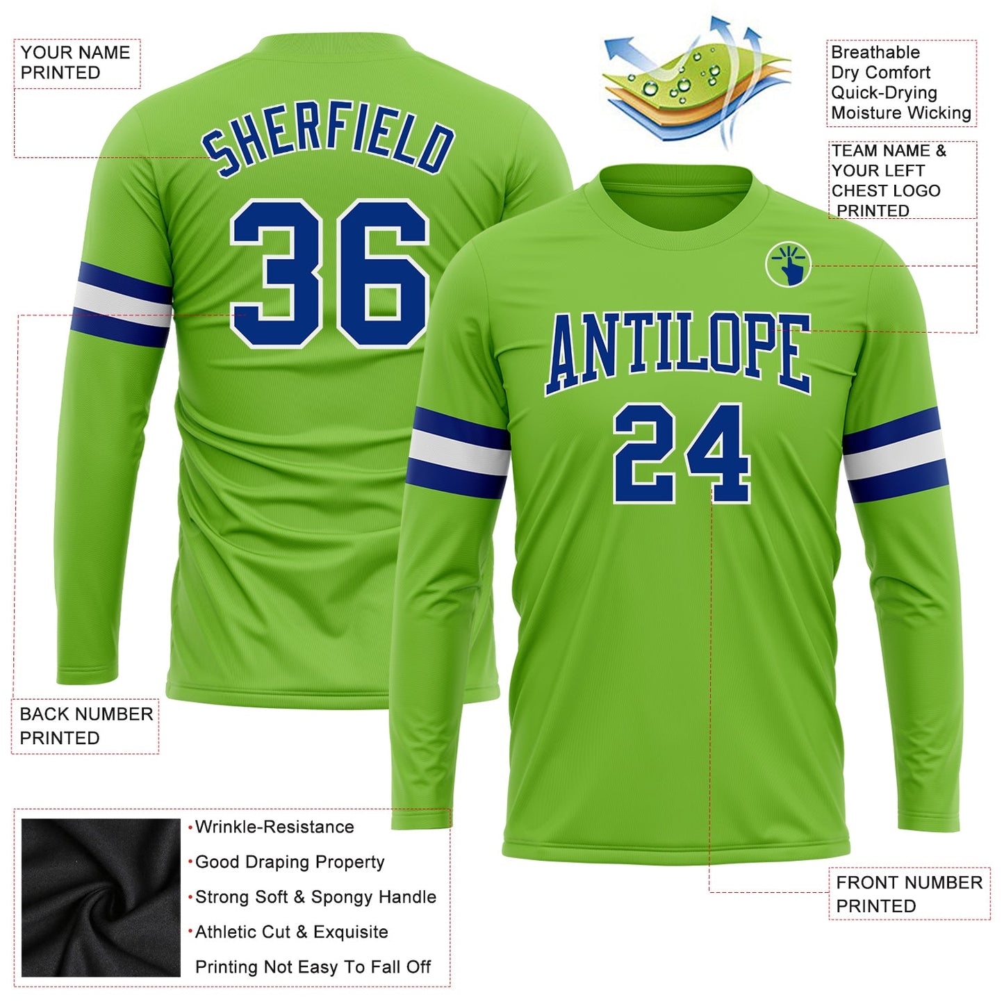 Custom Neon Green Royal-White Long Sleeve Performance T-Shirt view 3