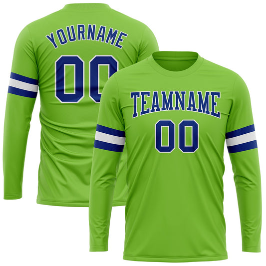 Custom Neon Green Royal-White Long Sleeve Performance T-Shirt - Main View