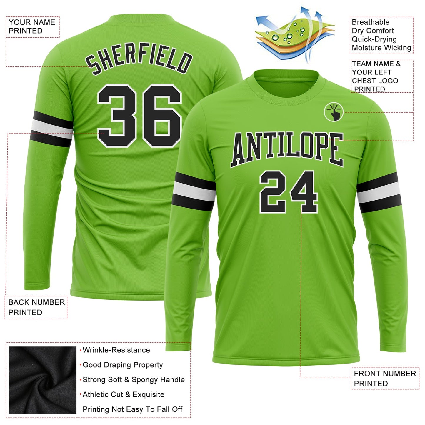 Custom Neon Green Black-White Long Sleeve Performance T-Shirt view 3
