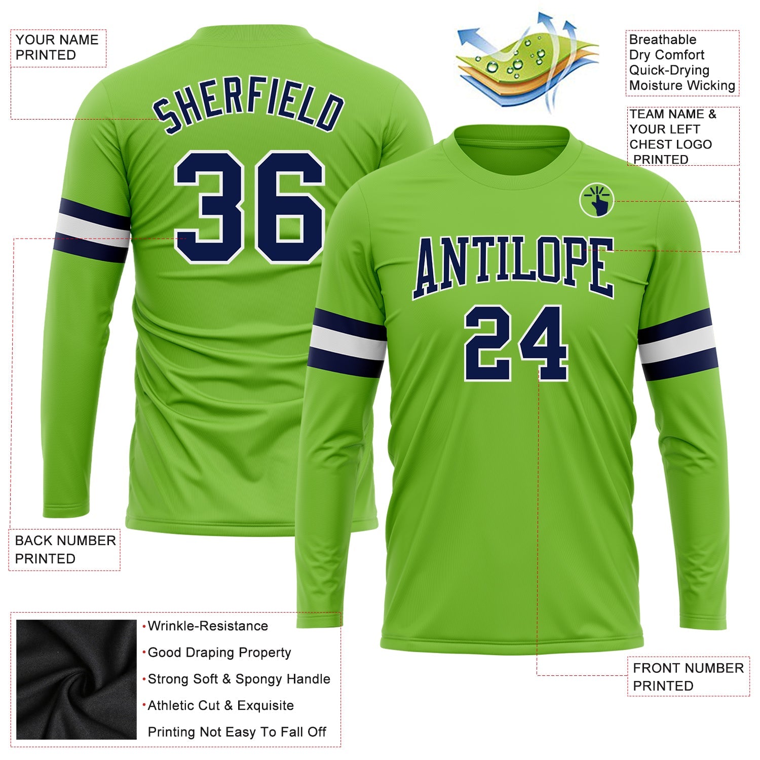 Custom Neon Green Navy-White Long Sleeve Performance T-Shirt view 3