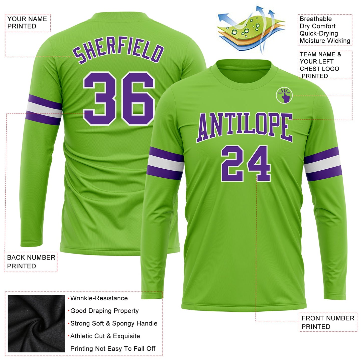 Custom Neon Green Purple-White Long Sleeve Performance T-Shirt view 3