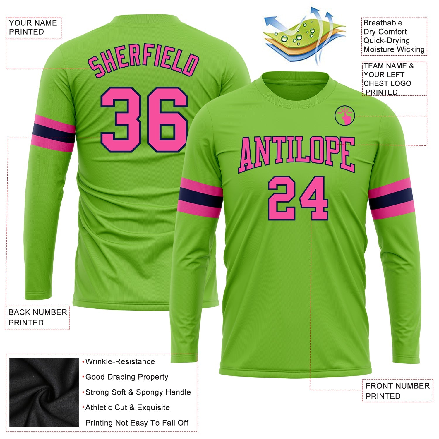 Custom Neon Green Pink-Navy Long Sleeve Performance T-Shirt view 3