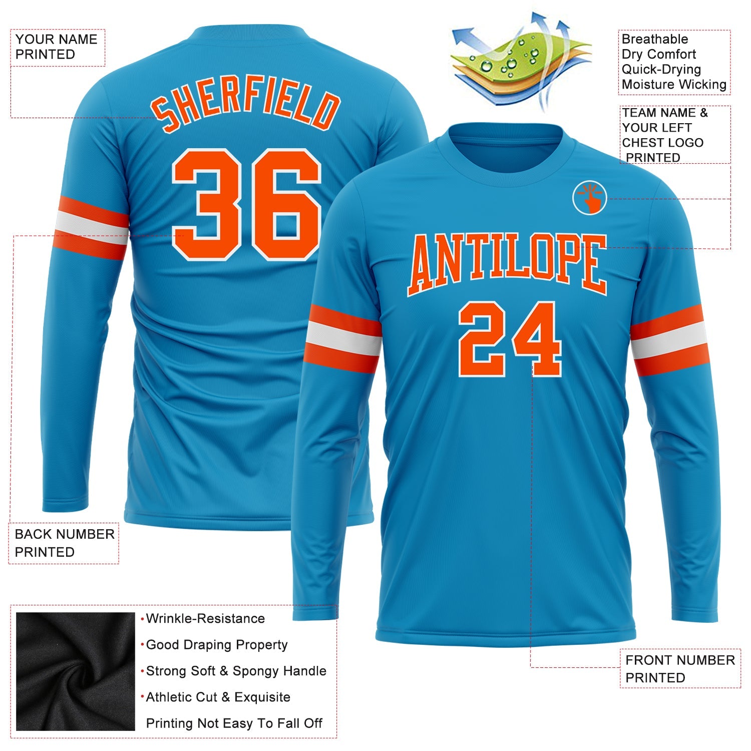 Custom Panther Blue Orange-White Long Sleeve Performance T-Shirt view 3