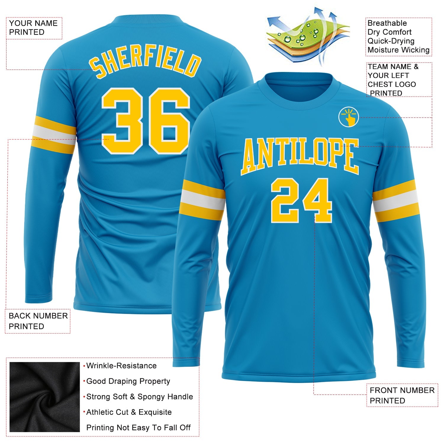Custom Panther Blue Gold-White Long Sleeve Performance T-Shirt view 3