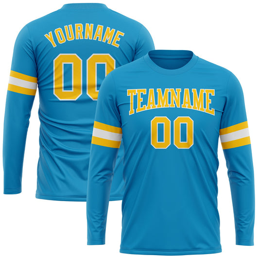 Custom Panther Blue Gold-White Long Sleeve Performance T-Shirt - Main View