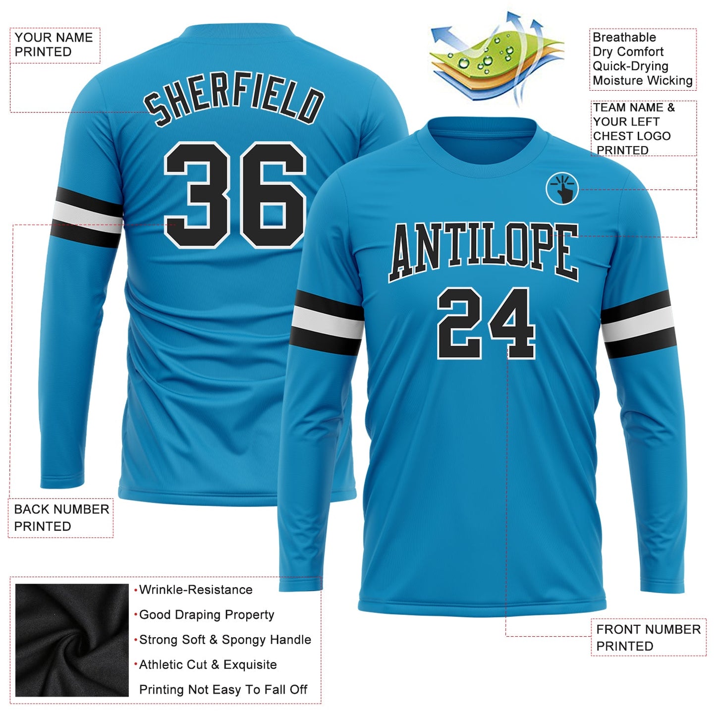Custom Panther Blue Black-White Long Sleeve Performance T-Shirt view 3