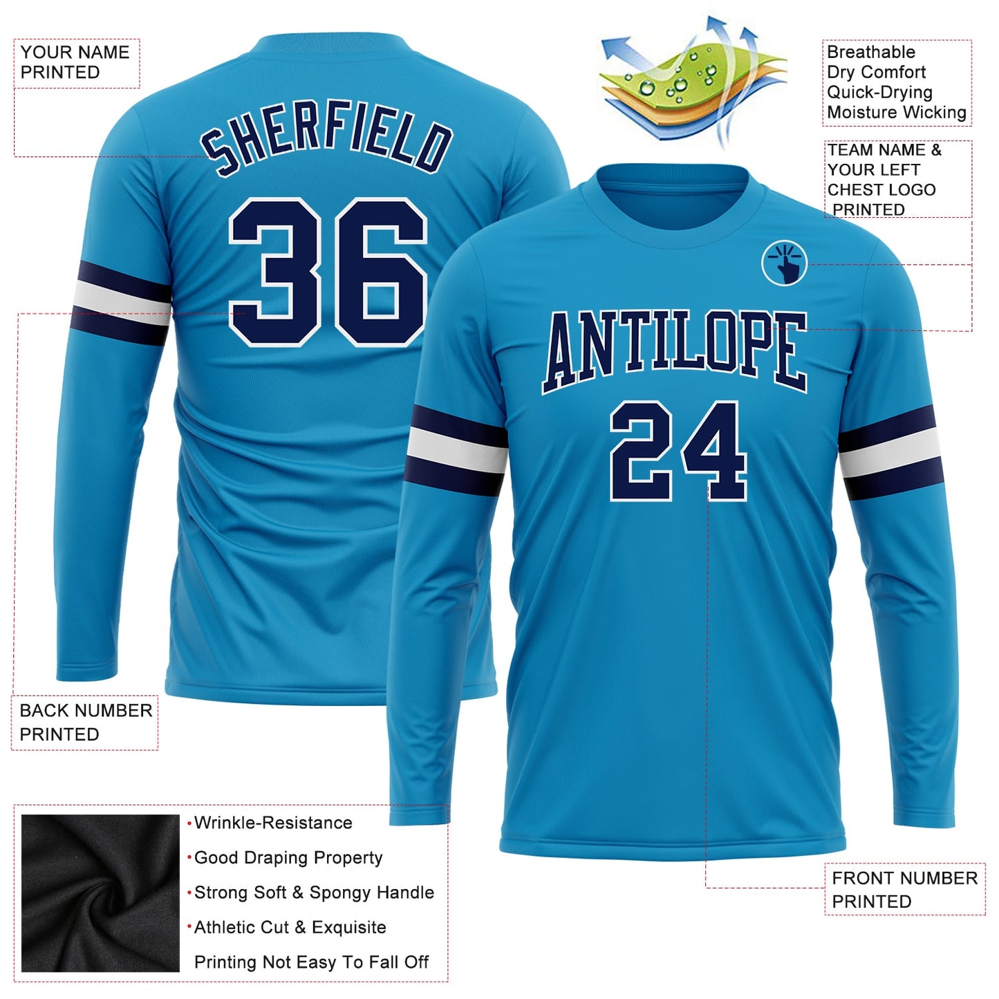 Custom Panther Blue Navy-White Long Sleeve Performance T-Shirt view 3