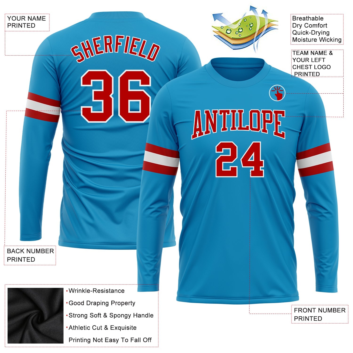 Custom Panther Blue Red-White Long Sleeve Performance T-Shirt view 3