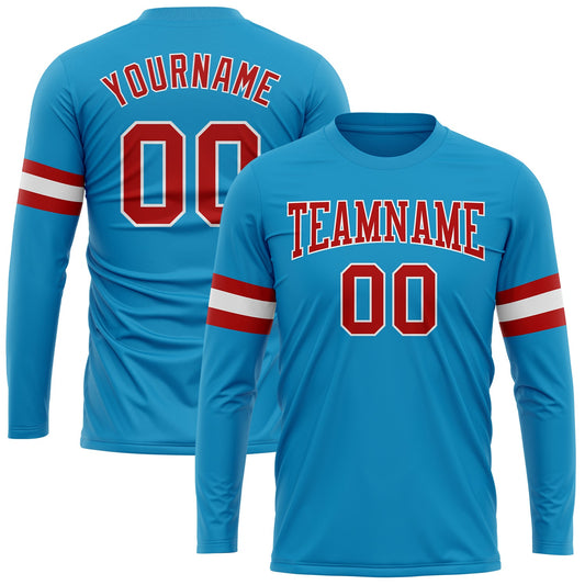Custom Panther Blue Red-White Long Sleeve Performance T-Shirt - Main View