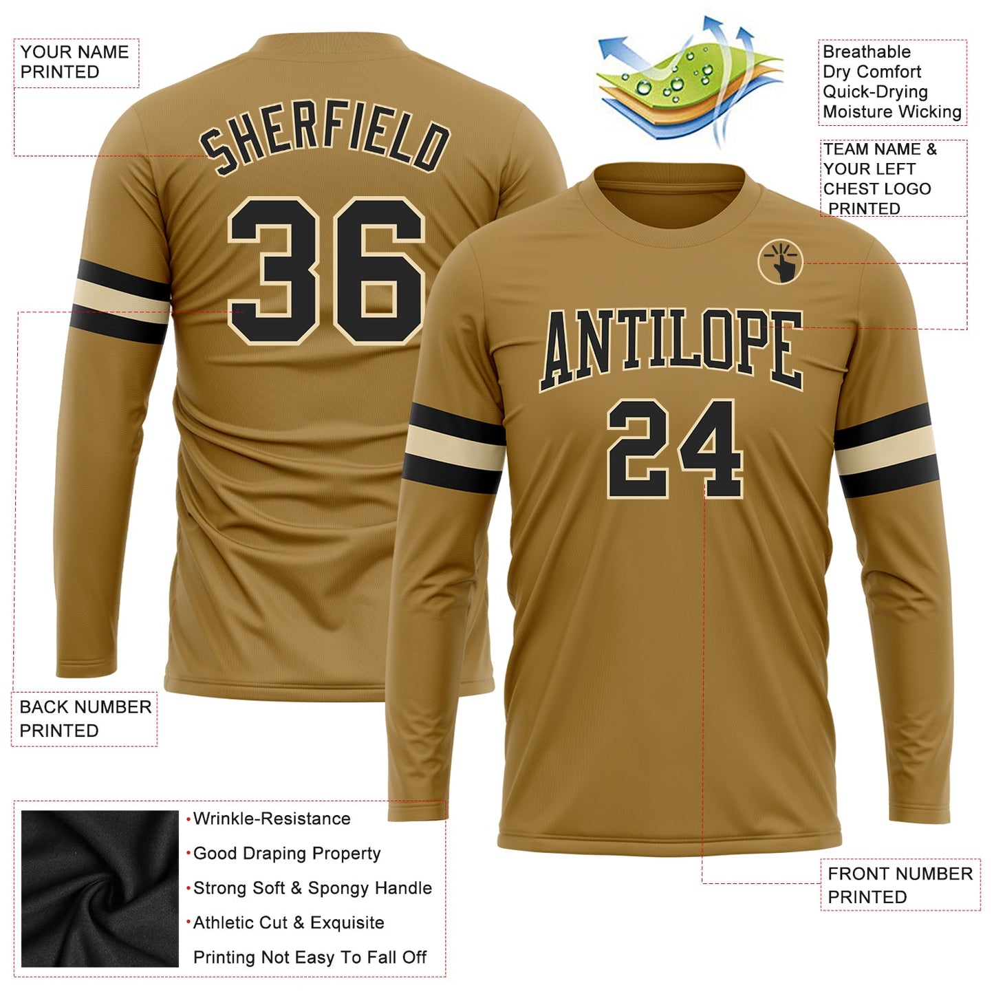 Custom Old Gold Black-Cream Long Sleeve Performance T-Shirt view 3