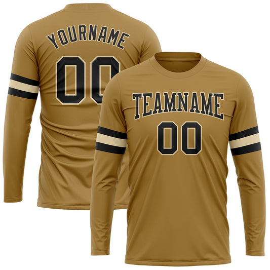 Custom Old Gold Black-Cream Long Sleeve Performance T-Shirt - Main View