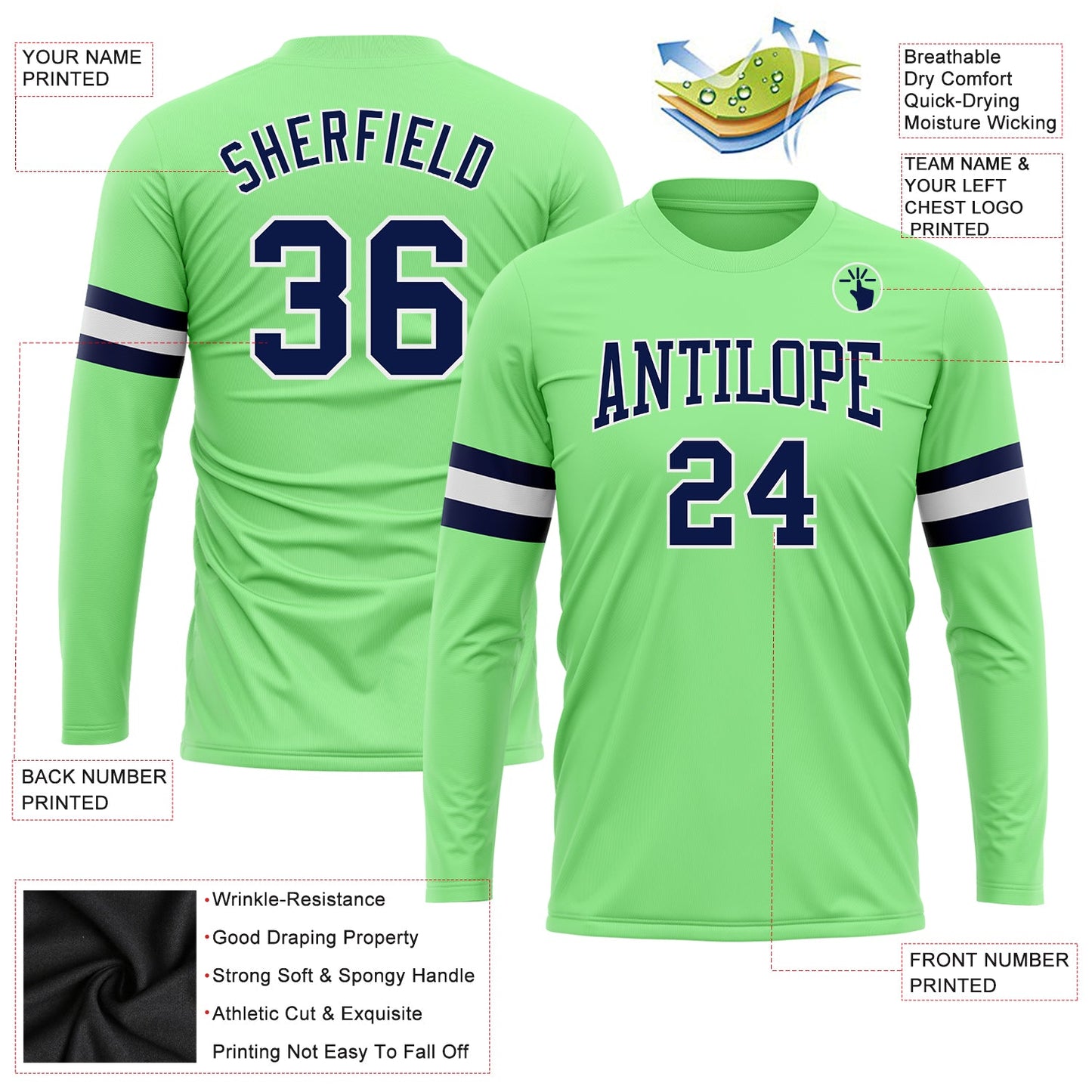 Custom Pea Green Navy-White Long Sleeve Performance T-Shirt view 3