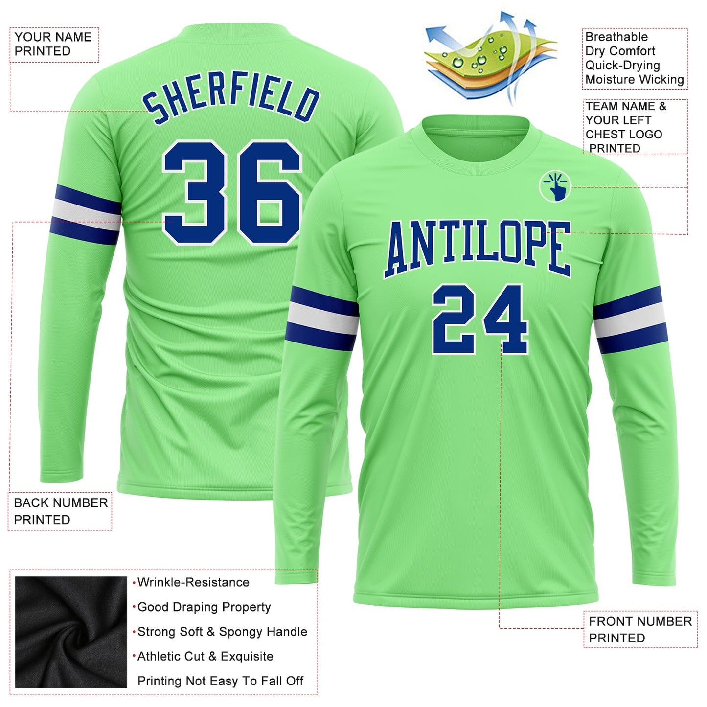 Custom Pea Green Royal-White Long Sleeve Performance T-Shirt view 3