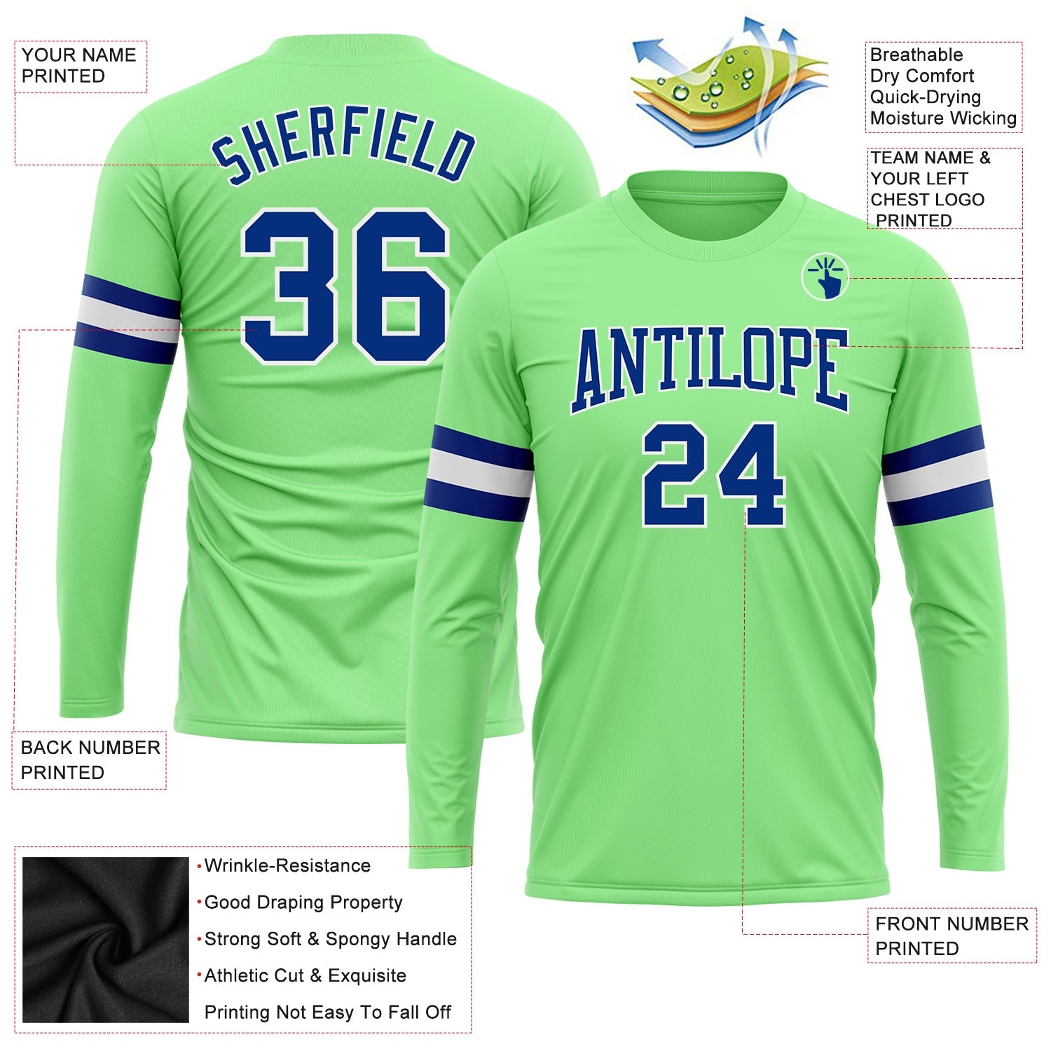 Custom Pea Green Royal-White Long Sleeve Performance T-Shirt view 3