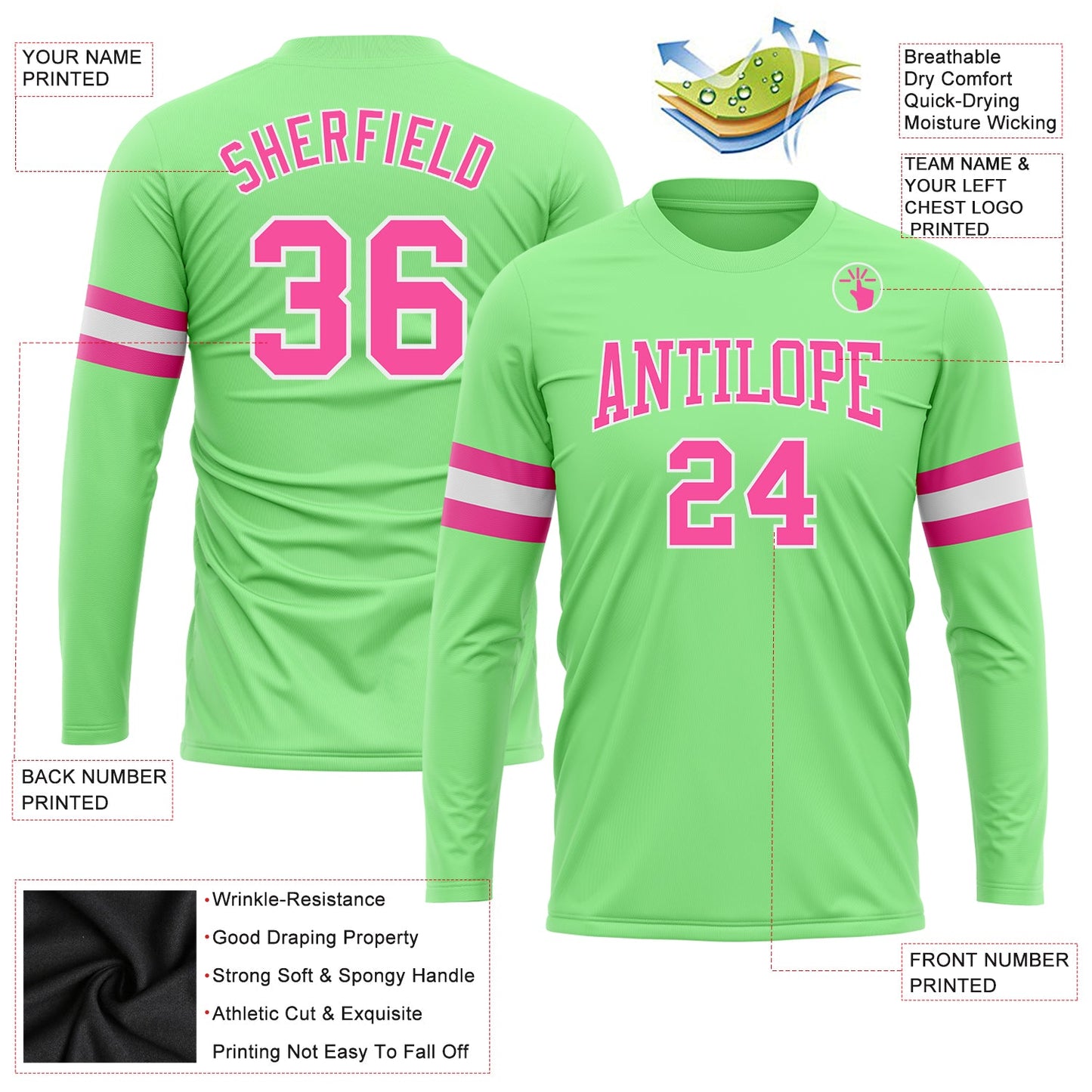 Custom Pea Green Pink-White Long Sleeve Performance T-Shirt view 3