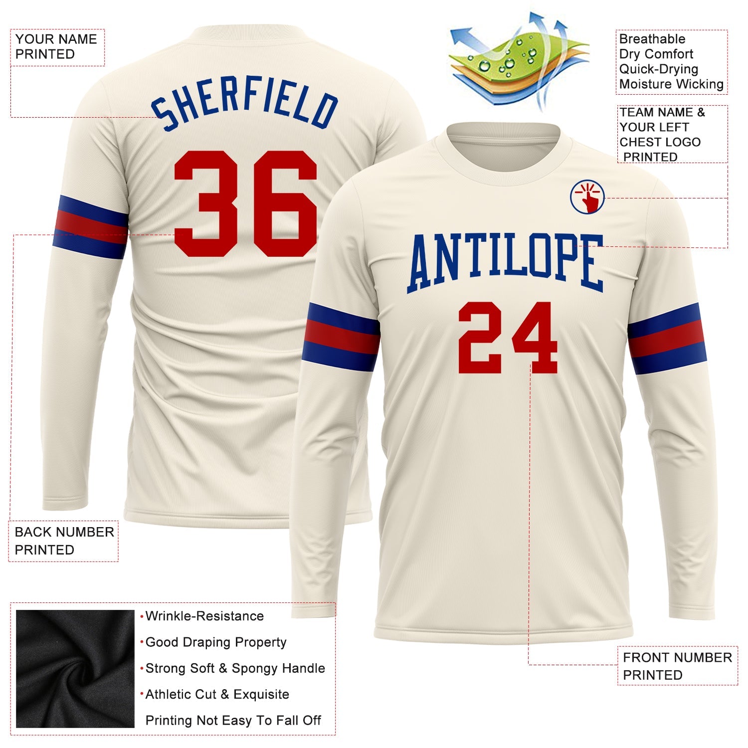 Custom Cream Red-Royal Long Sleeve Performance T-Shirt view 3