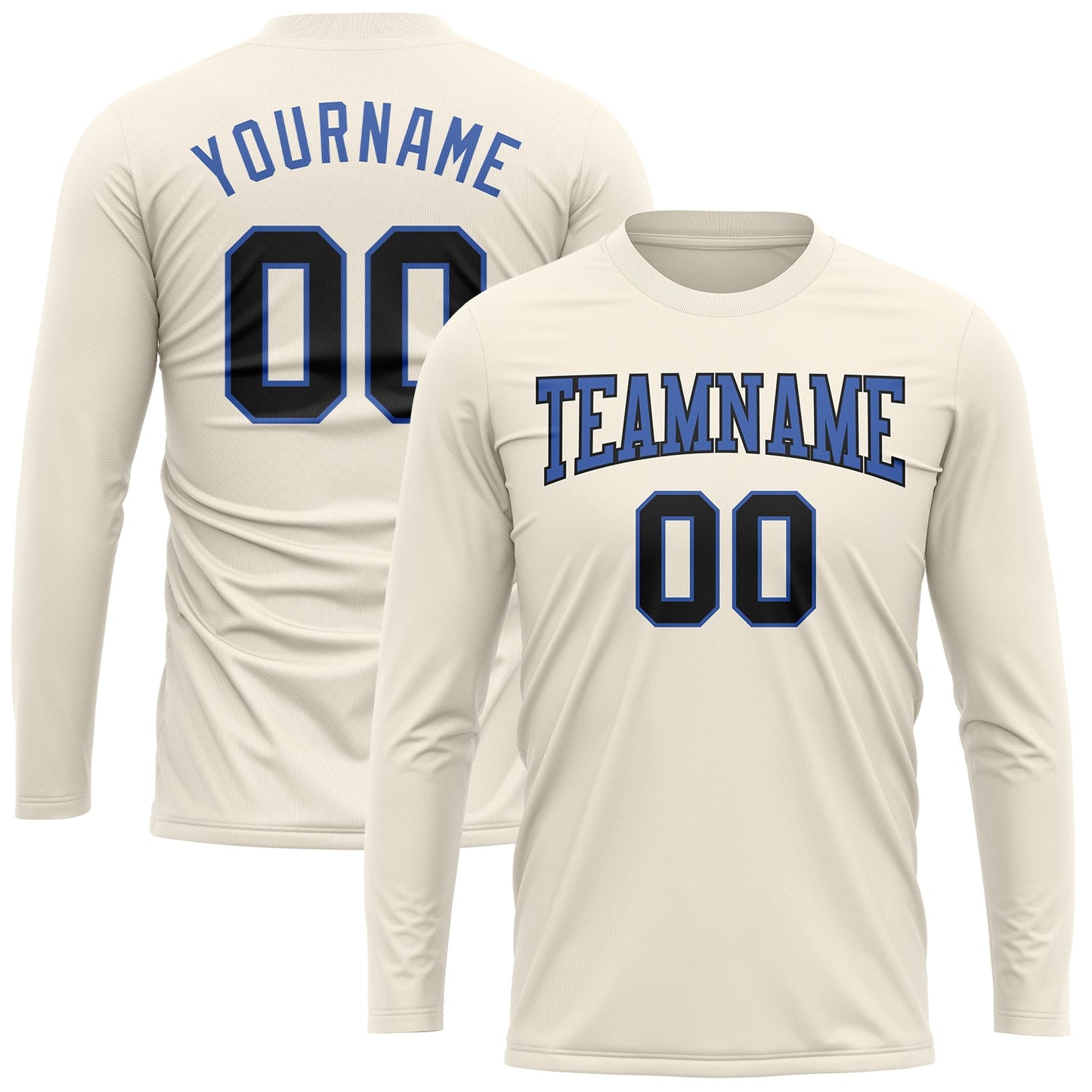 Custom Cream Black-Blue Long Sleeve Performance T-Shirt view 2