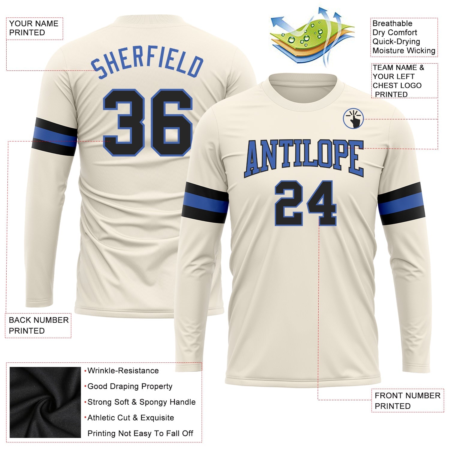 Custom Cream Black-Blue Long Sleeve Performance T-Shirt view 3