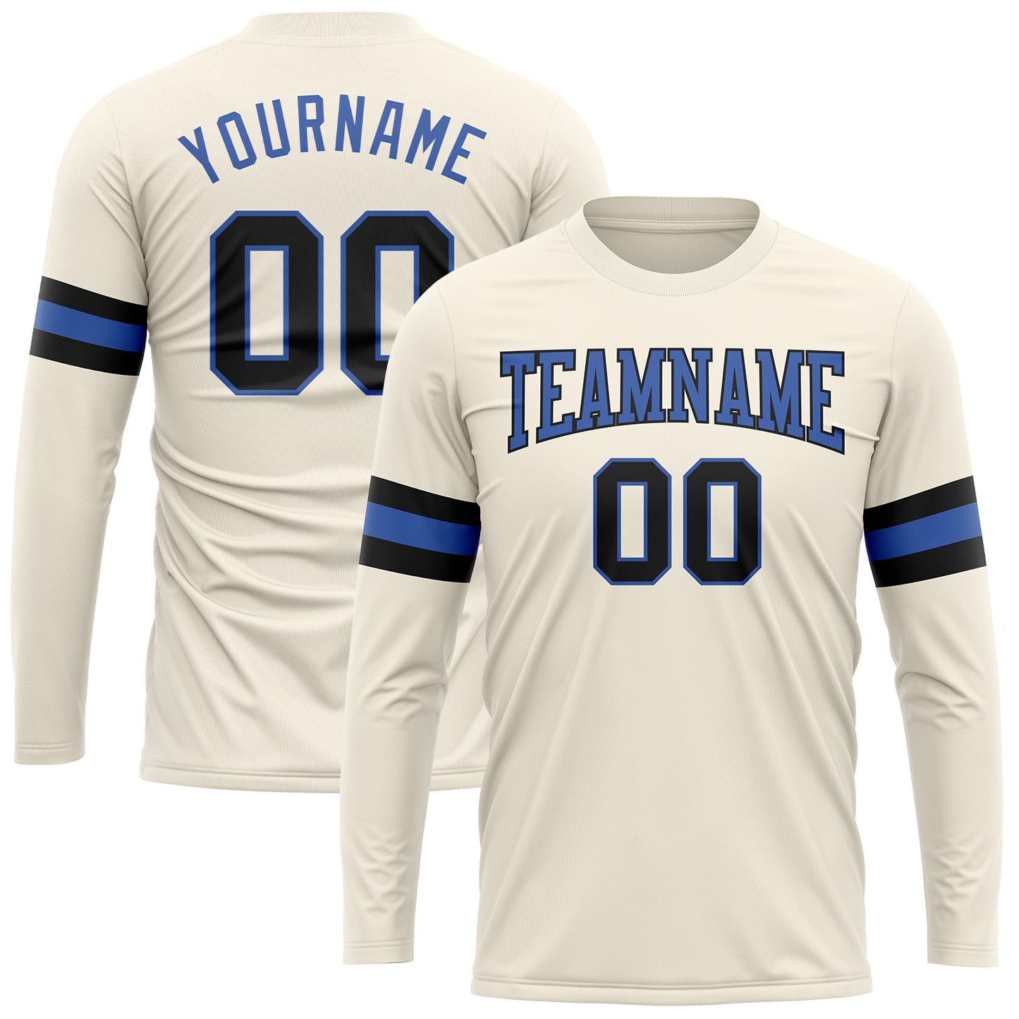 Custom Cream Black-Blue Long Sleeve Performance T-Shirt - Main View