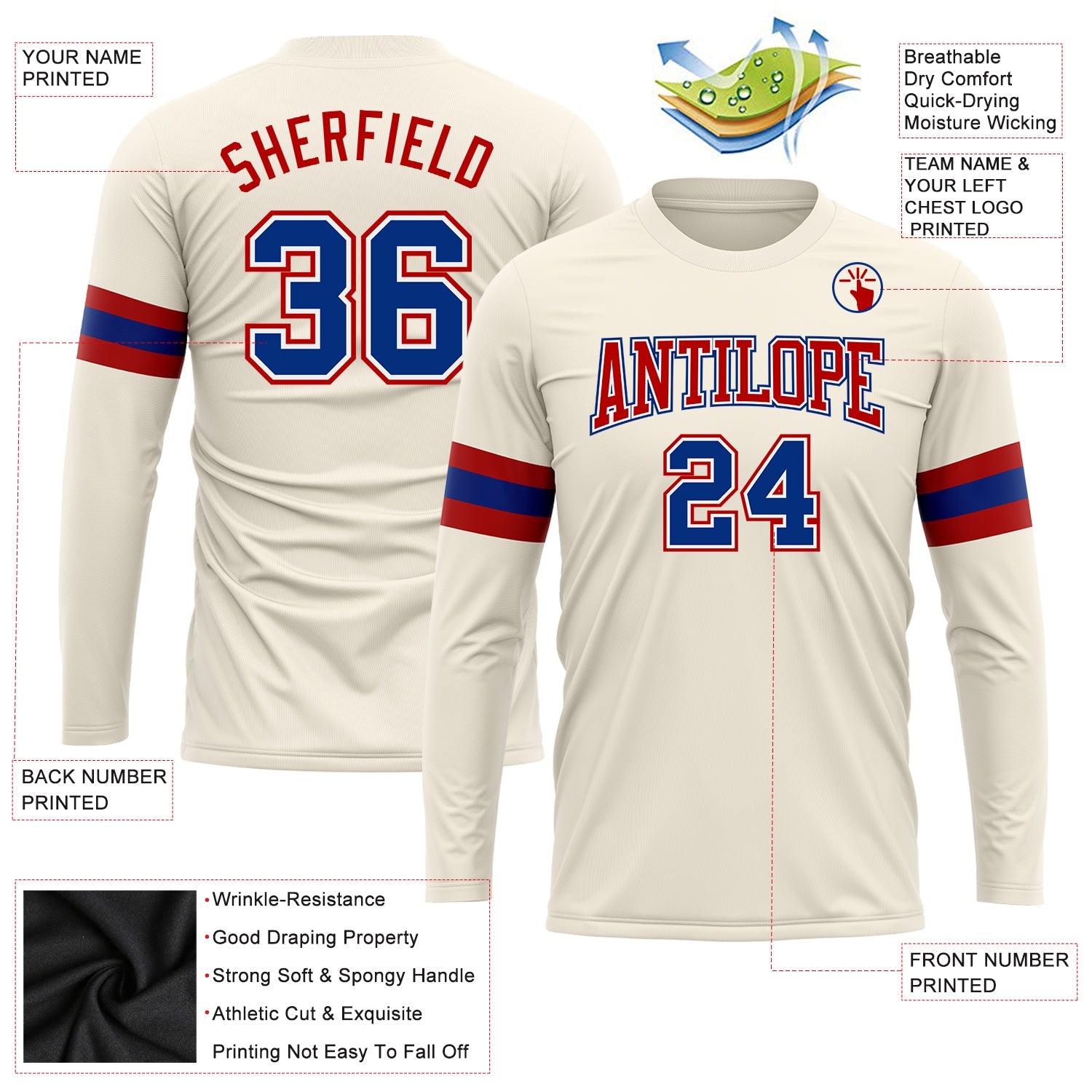 Custom Cream Royal-Red Long Sleeve Performance T-Shirt view 3