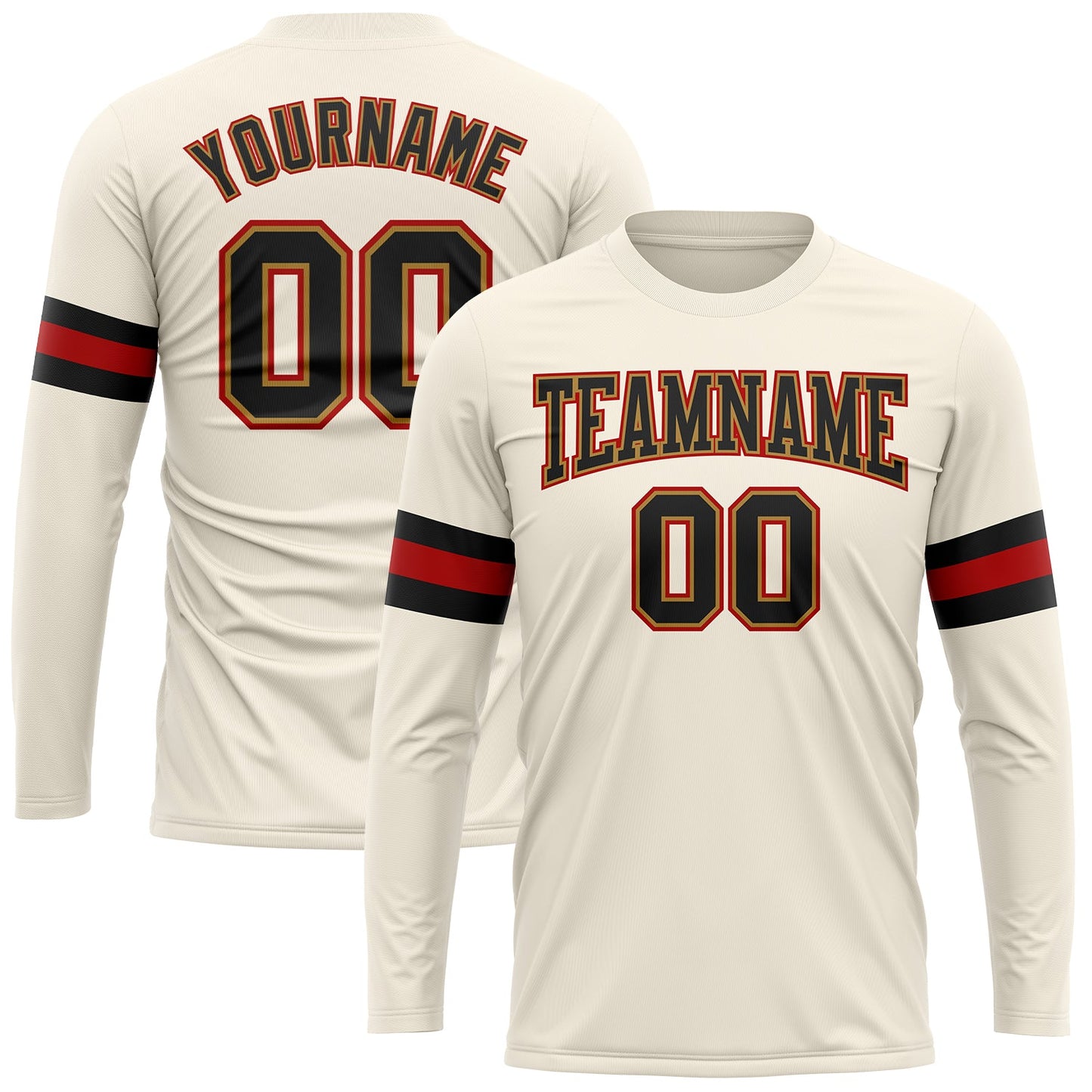 Custom Cream Black Old Gold-Red Long Sleeve Performance T-Shirt - Main View