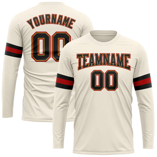 Custom Cream Black Old Gold-Red Long Sleeve Performance T-Shirt - Main View