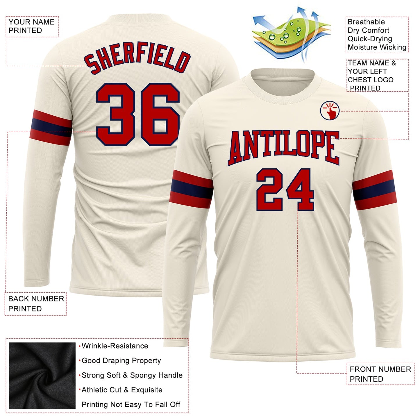 Custom Cream Red-Navy Long Sleeve Performance T-Shirt view 3