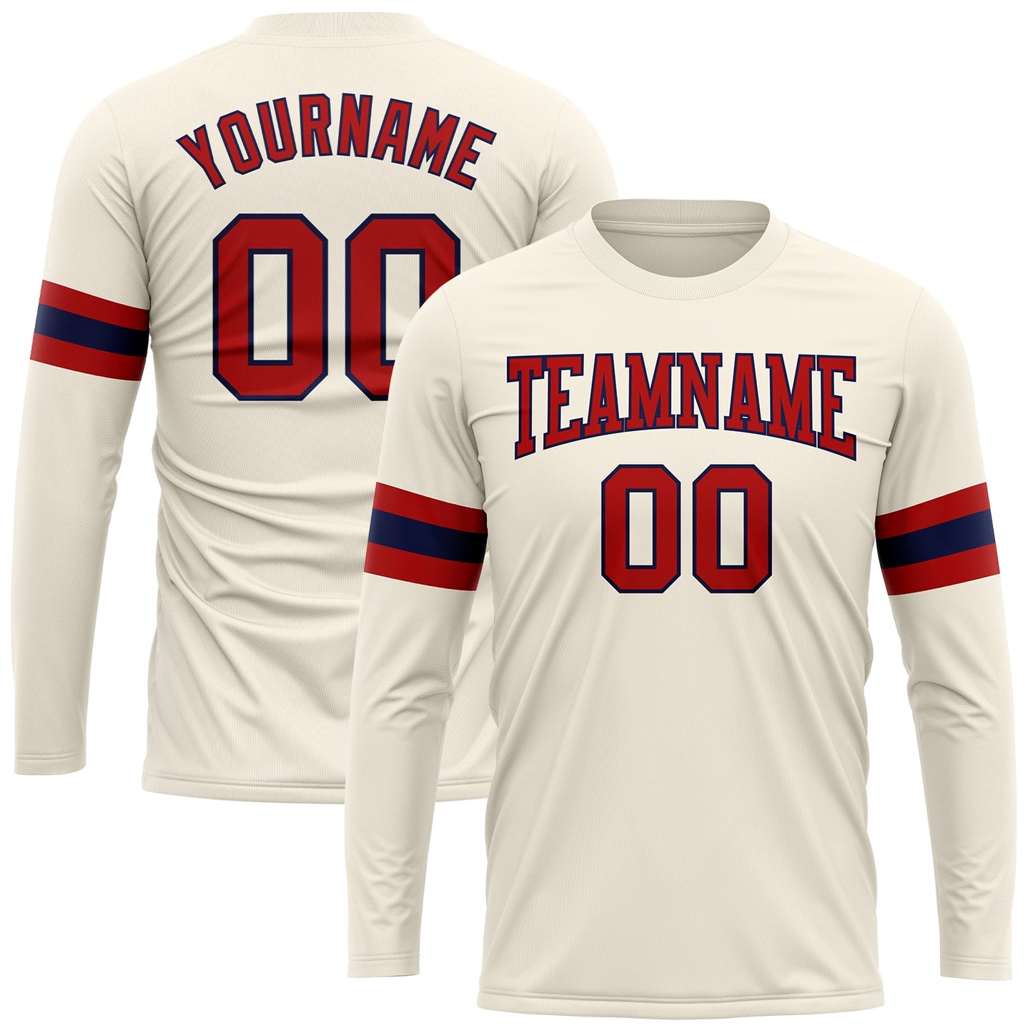 Custom Cream Red-Navy Long Sleeve Performance T-Shirt - Main View