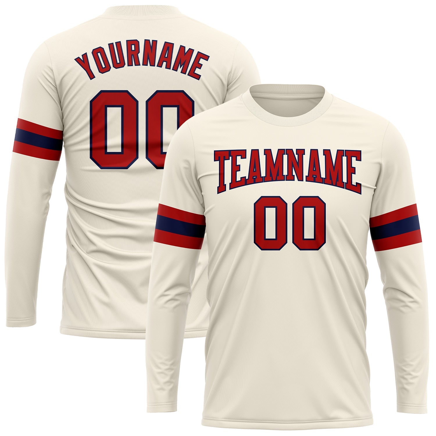 Custom Cream Red-Navy Long Sleeve Performance T-Shirt - Main View