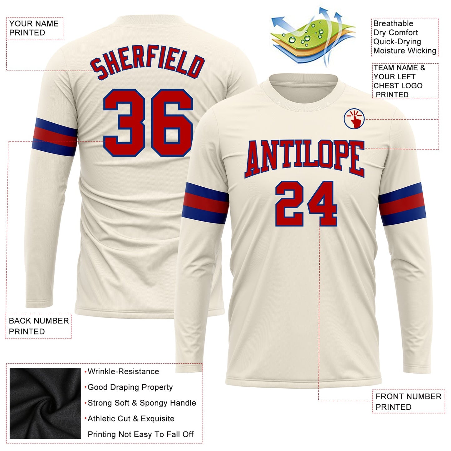 Custom Cream Red-Royal Long Sleeve Performance T-Shirt view 3