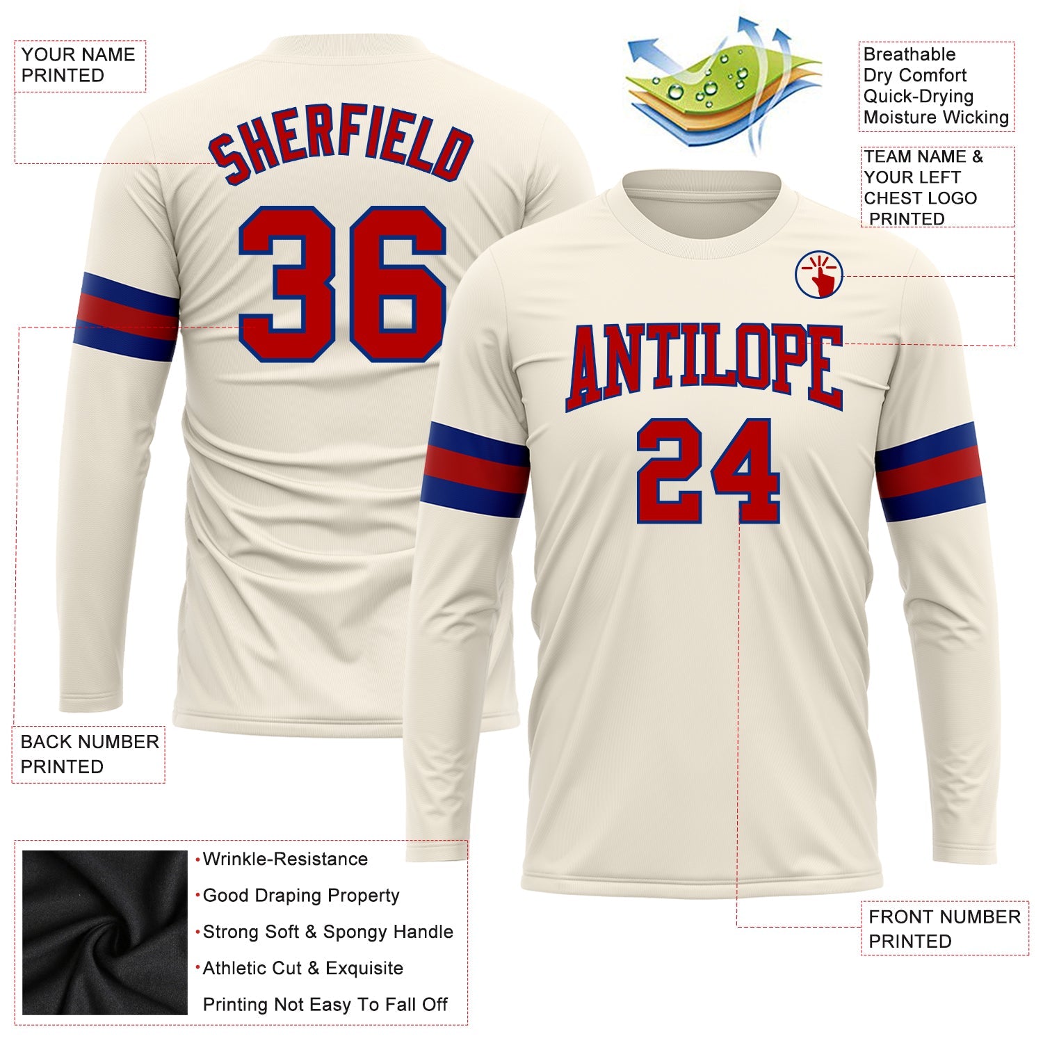 Custom Cream Red-Royal Long Sleeve Performance T-Shirt view 3