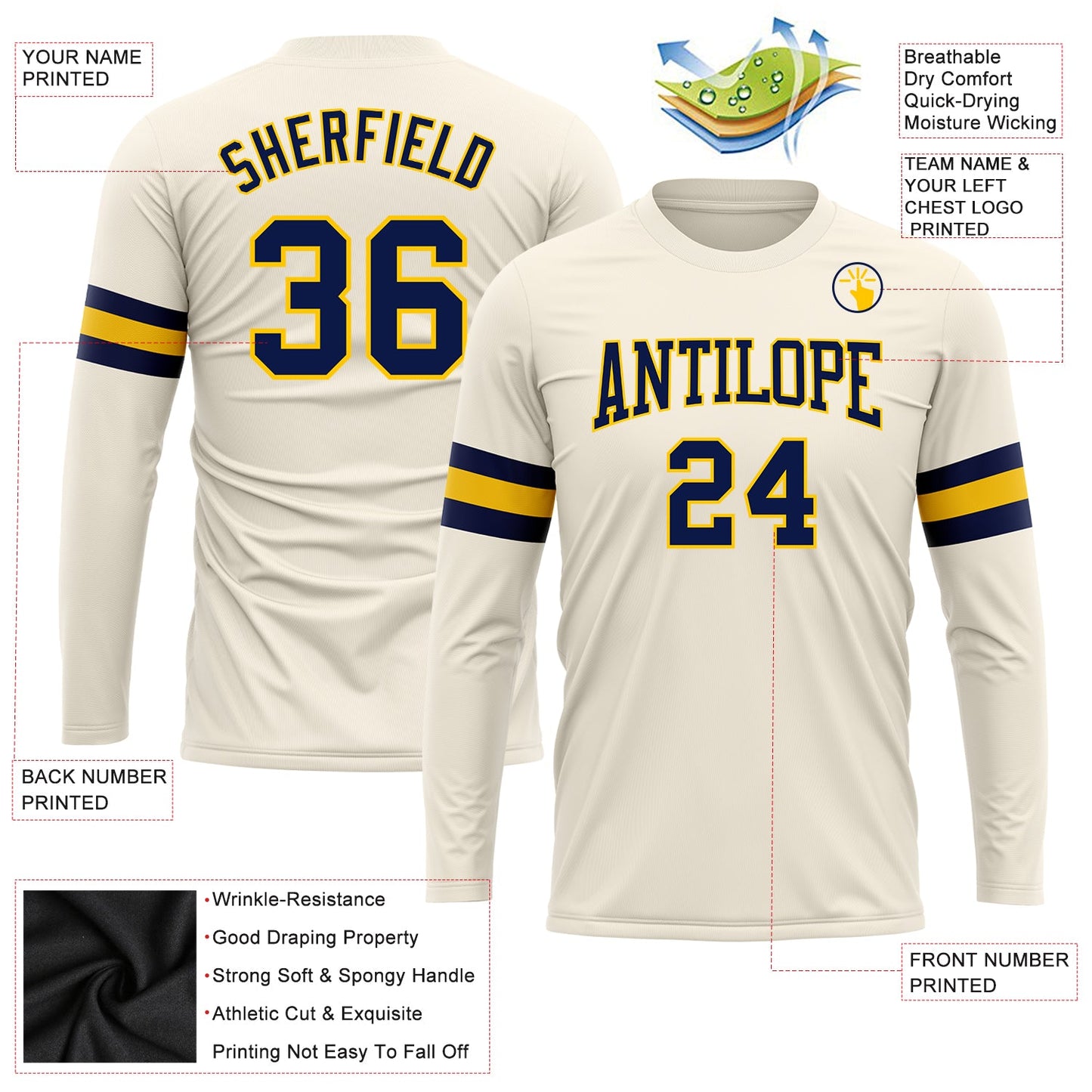 Custom Cream Navy-Gold Long Sleeve Performance T-Shirt view 3