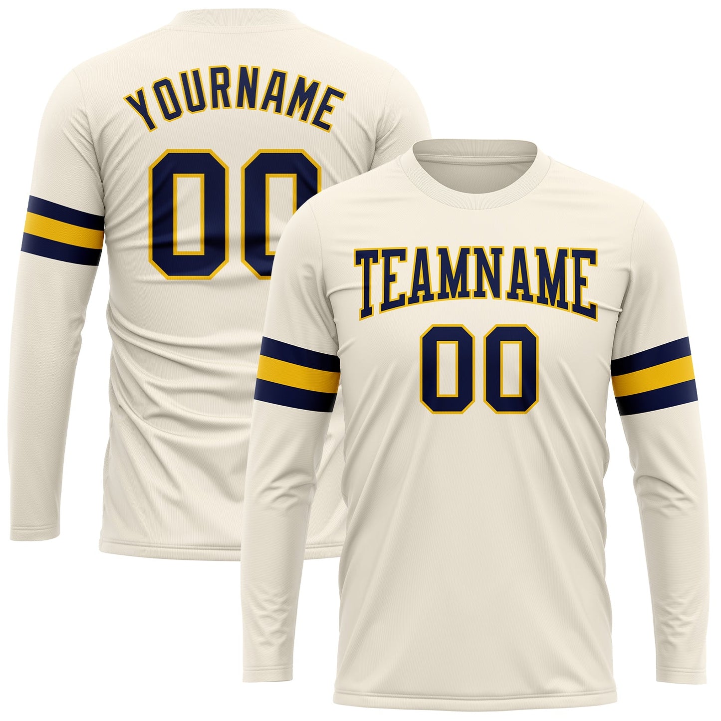 Custom Cream Navy-Gold Long Sleeve Performance T-Shirt - Main View