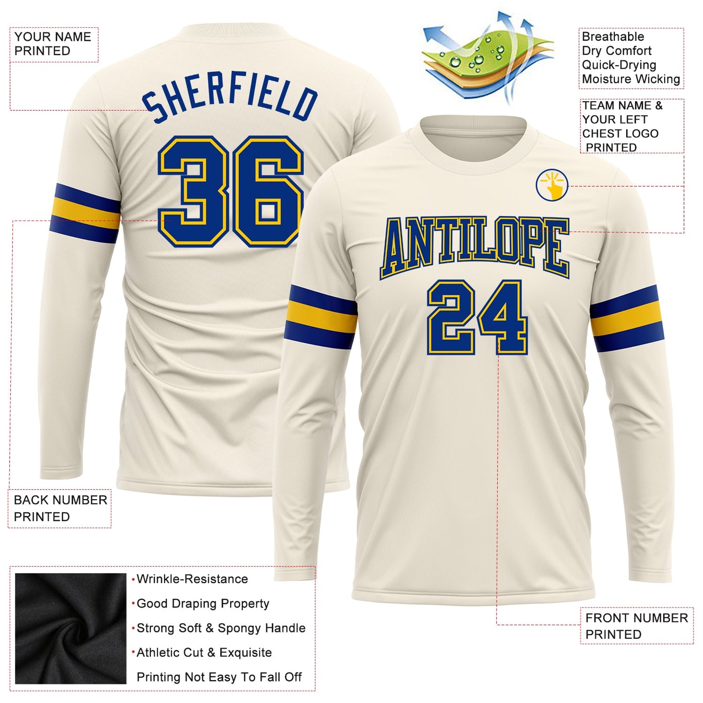 Custom Cream Royal-Gold Long Sleeve Performance T-Shirt view 3