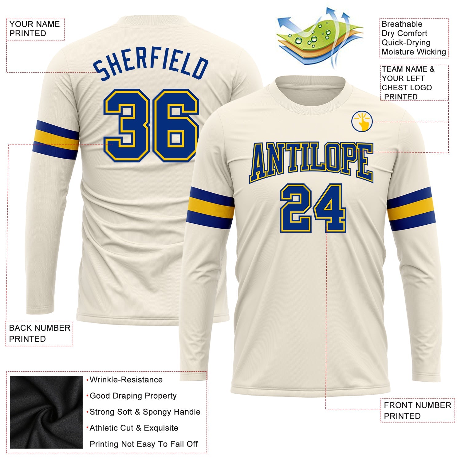 Custom Cream Royal-Gold Long Sleeve Performance T-Shirt view 3