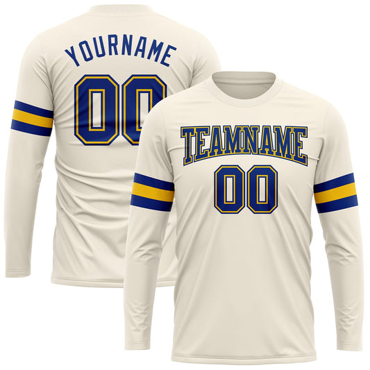 Custom Cream Royal-Gold Long Sleeve Performance T-Shirt - Main View