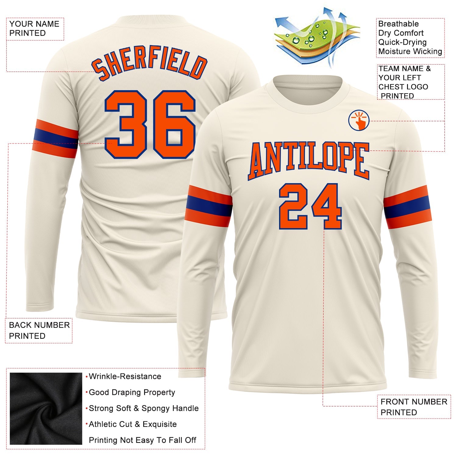 Custom Cream Orange-Royal Long Sleeve Performance T-Shirt view 3