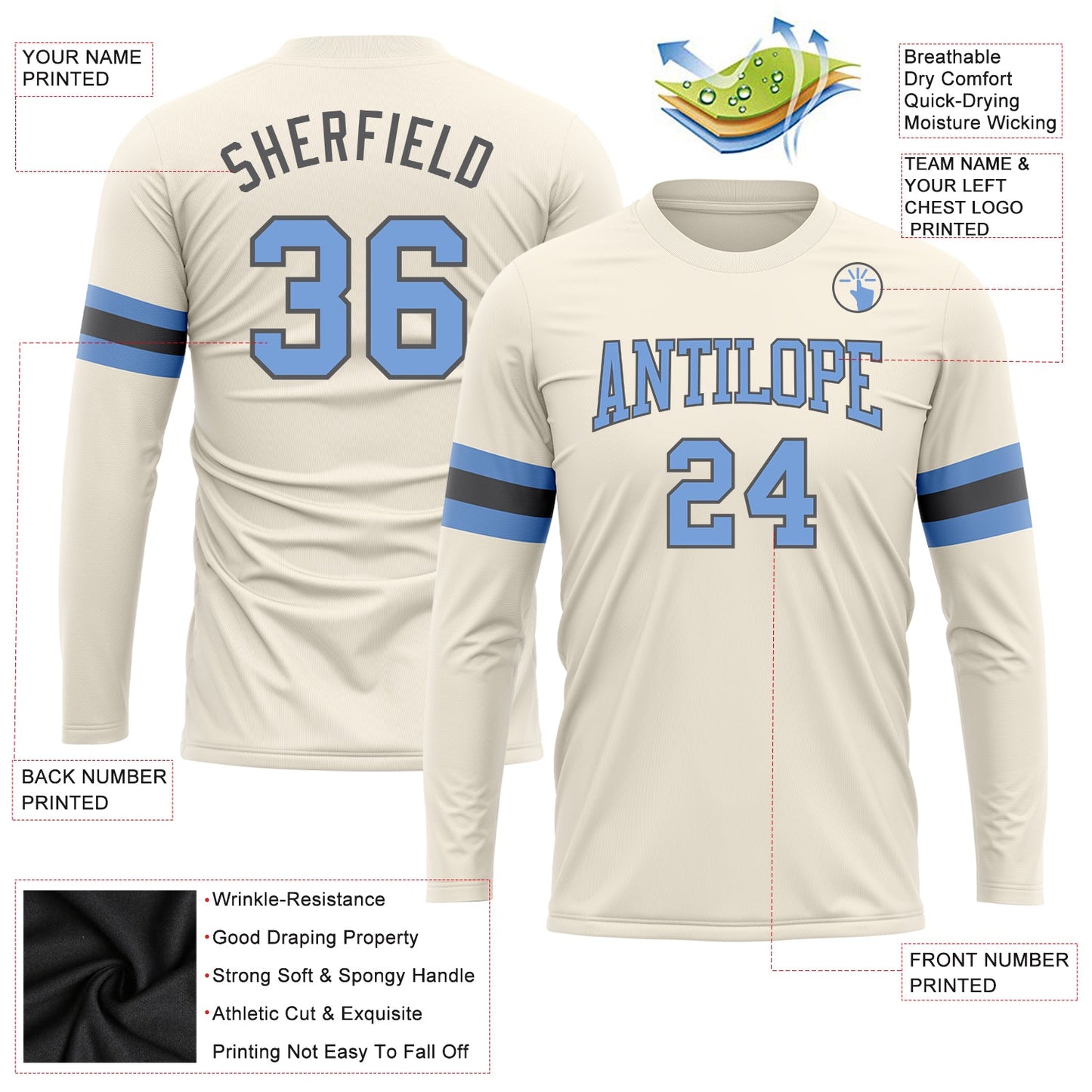 Custom Cream Light Blue-Steel Gray Long Sleeve Performance T-Shirt view 3