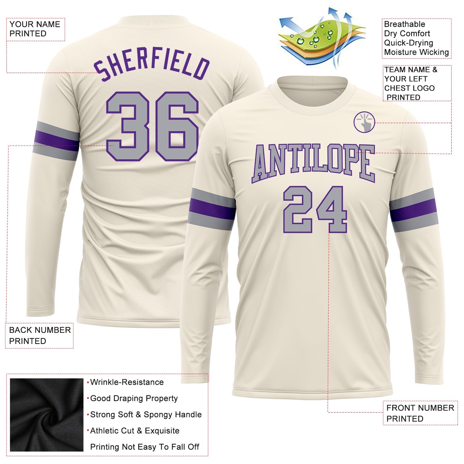 Custom Cream Gray-Purple Long Sleeve Performance T-Shirt view 3