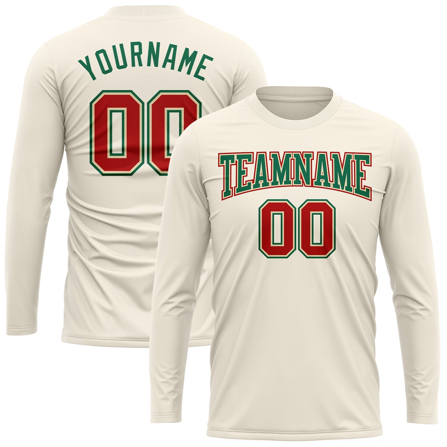 Custom Cream Red-Kelly Green Long Sleeve Performance T-Shirt view 2