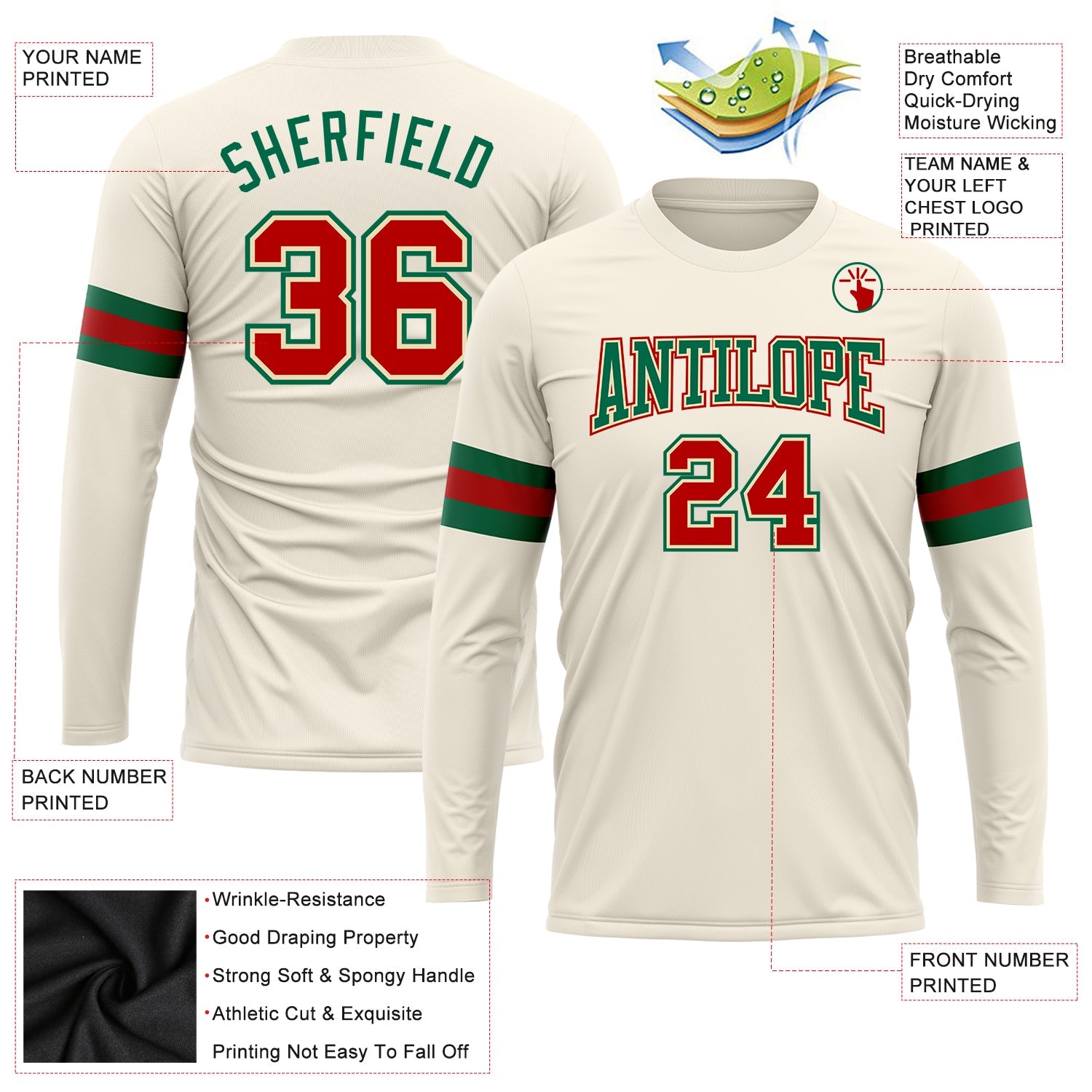 Custom Cream Red-Kelly Green Long Sleeve Performance T-Shirt view 3