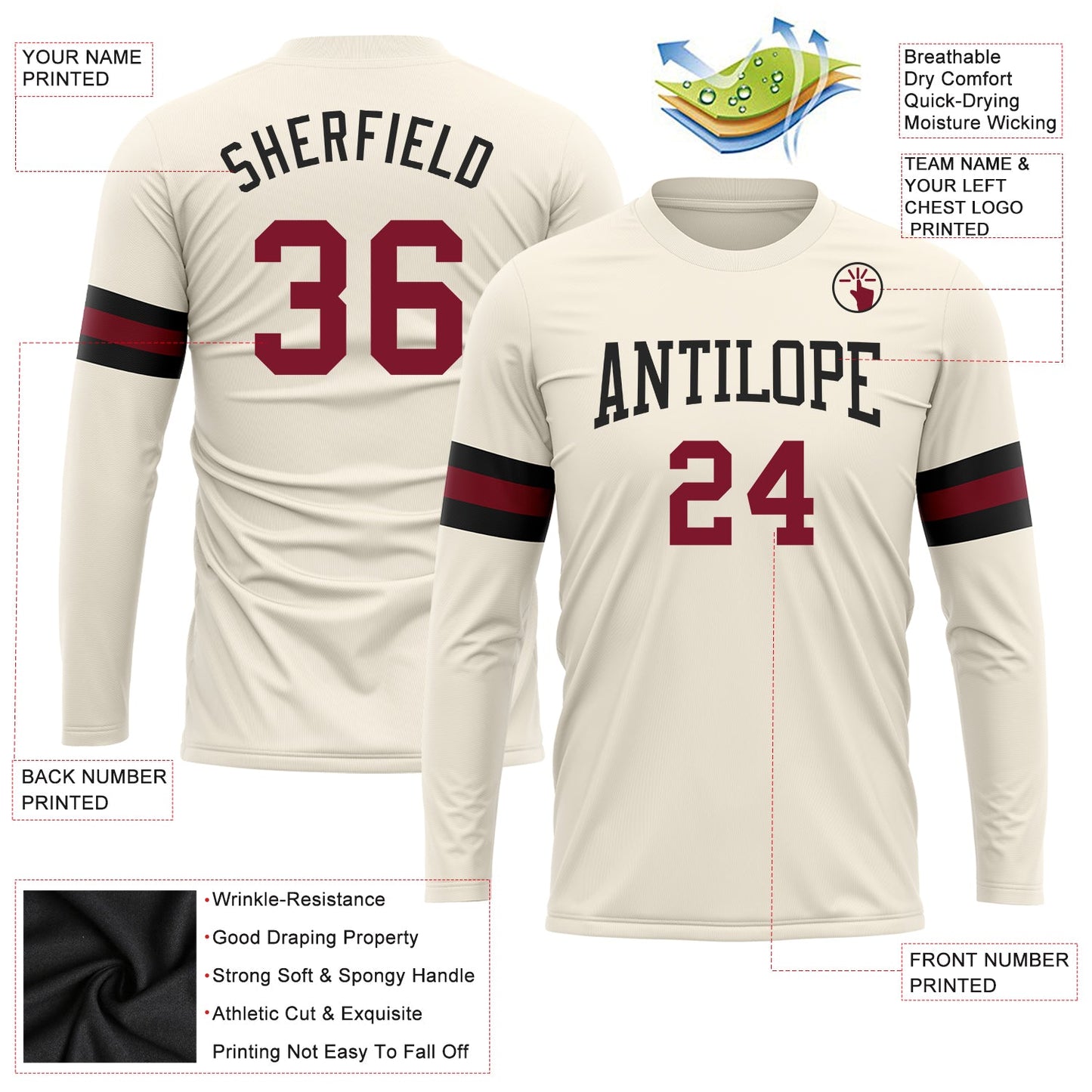 Custom Cream Crimson-Black Long Sleeve Performance T-Shirt view 3
