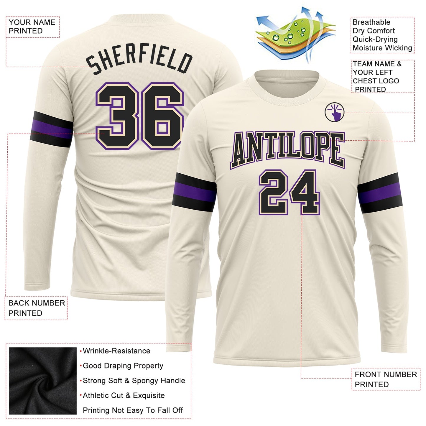 Custom Cream Black-Purple Long Sleeve Performance T-Shirt view 3