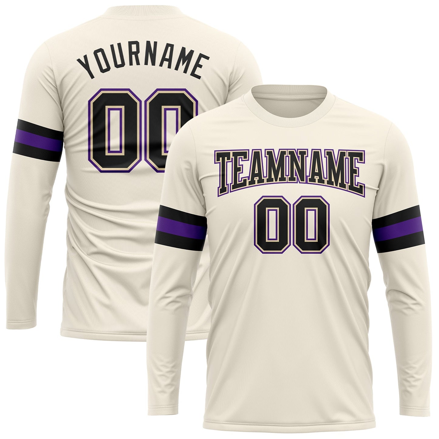 Custom Cream Black-Purple Long Sleeve Performance T-Shirt - Main View