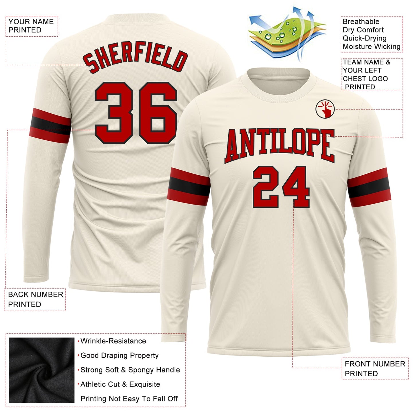 Custom Cream Red-Black Long Sleeve Performance T-Shirt view 3