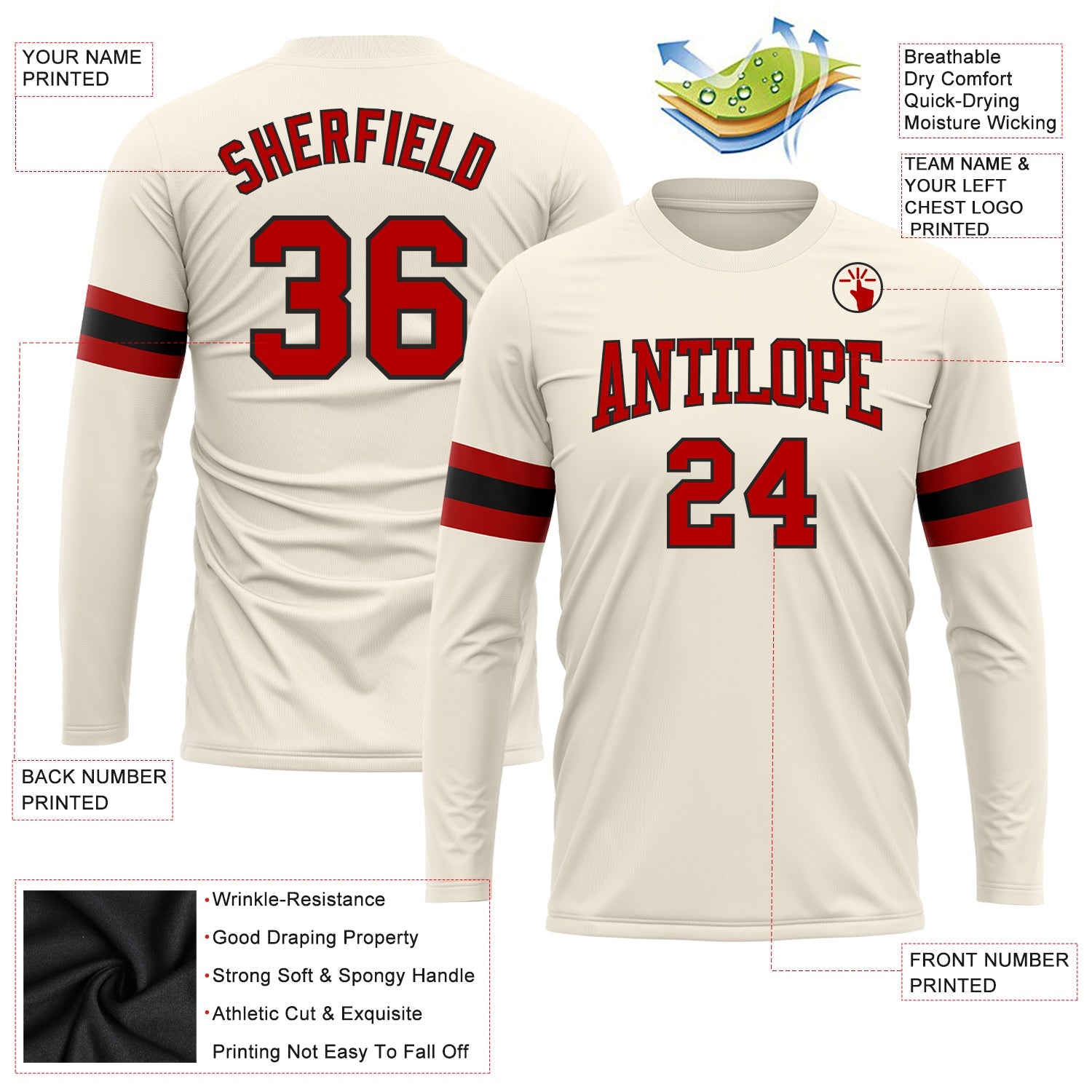 Custom Cream Red-Black Long Sleeve Performance T-Shirt view 3